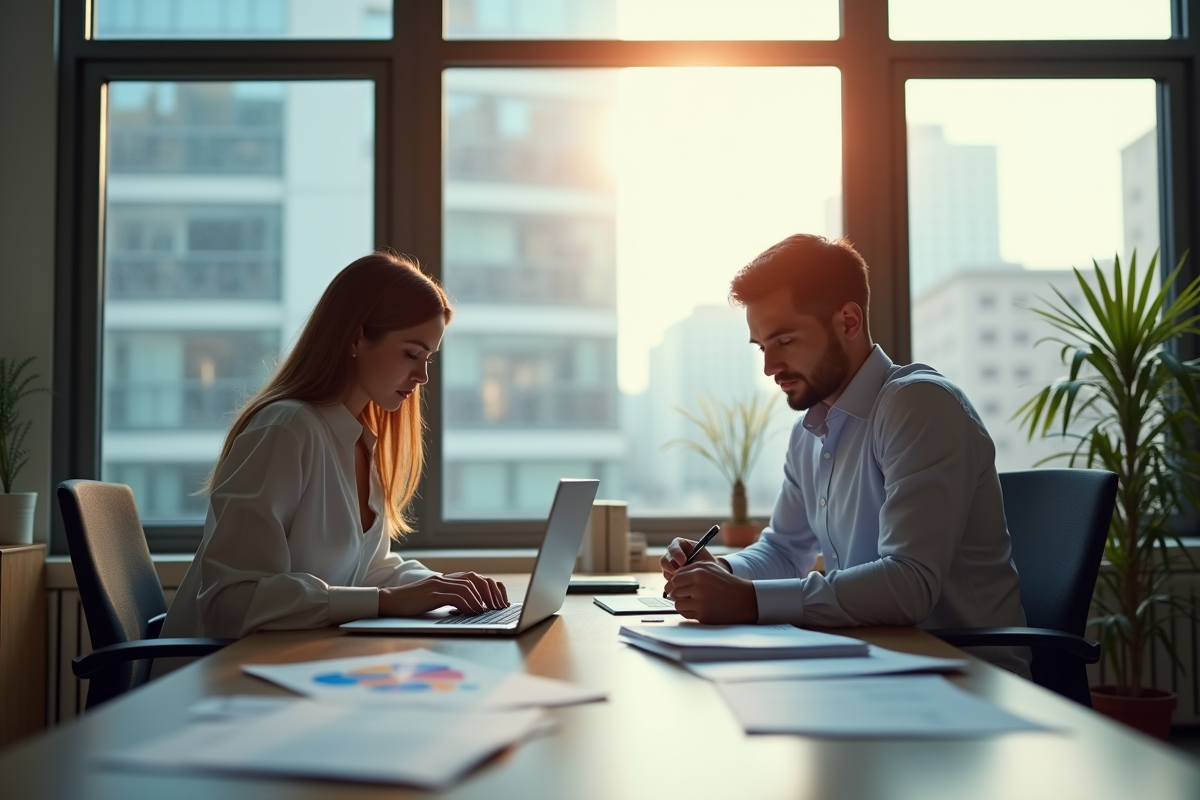 Professionnels d'affaires examinant des documents fiscaux dans un bureau moderne