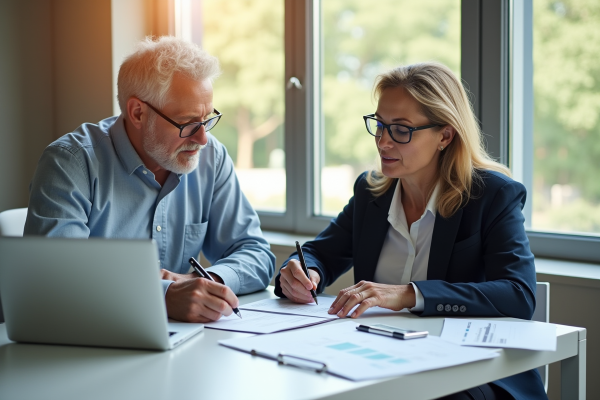 Homme et femme d'affaires signant des documents financiers