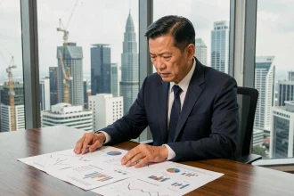 Homme d'affaires asiatique analysant des données économiques dans un bureau moderne avec vue sur une métropole en développement