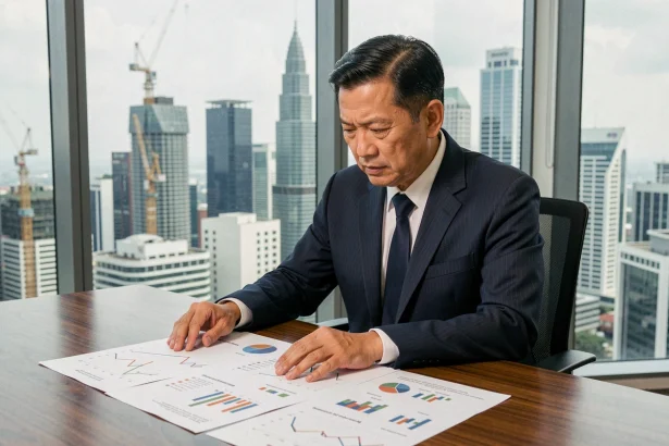 Homme d'affaires asiatique analysant des données économiques dans un bureau moderne avec vue sur une métropole en développement