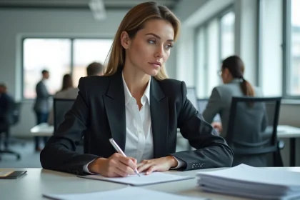 Femme professionnelle rédigeant un courrier formel à son bureau pour le service client Cofica Bail
