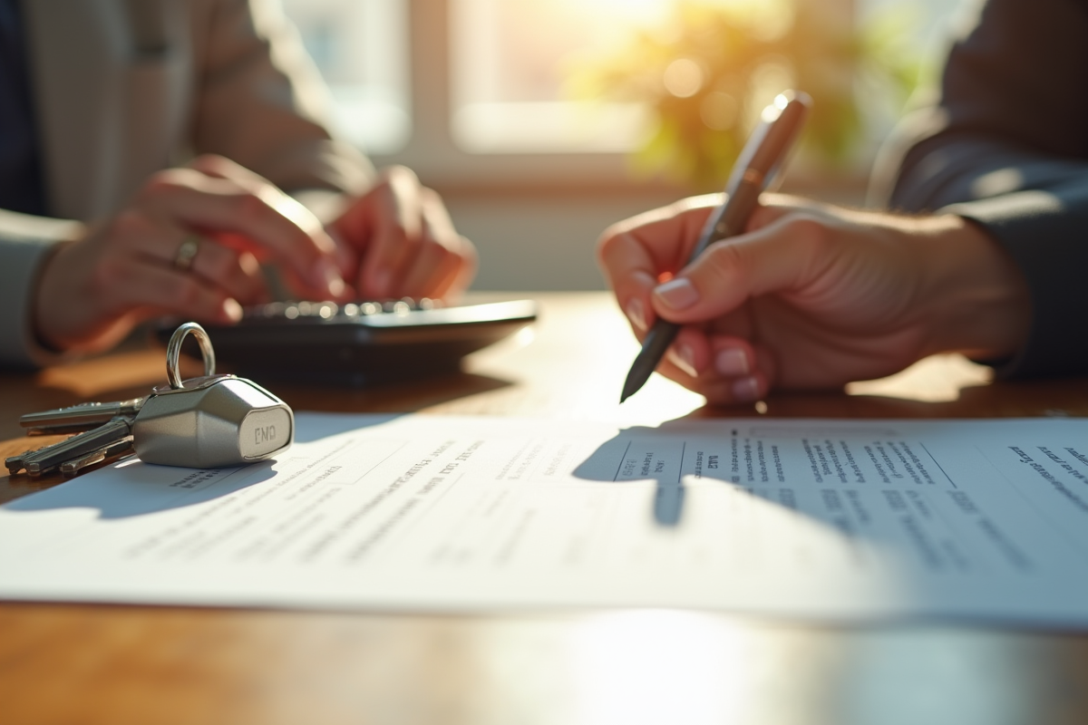 Mains remplissant un formulaire de pret immobilier avec calculatrice