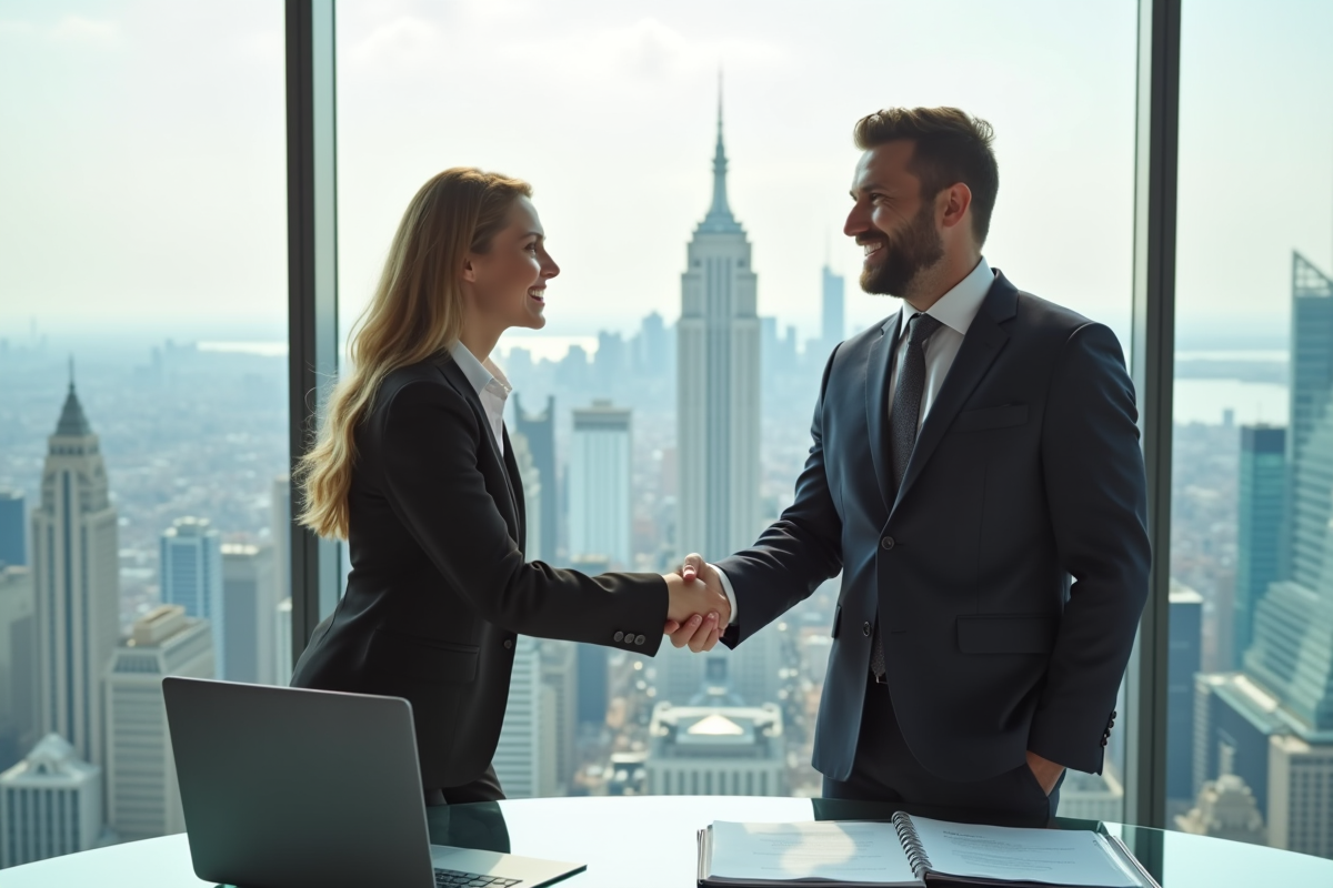 Homme et femme d'affaires souriants serrant la main devant une ville européenne
