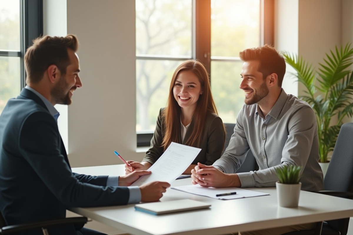 Jeune couple souriant rencontrant un banquier dans un bureau lumineux