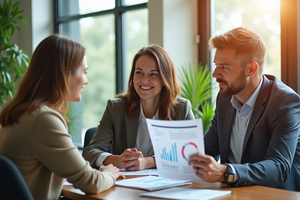 Couple professionnel rencontrant un conseiller immobilier dans un bureau lumineux