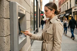 Femme utilisant un distributeur automatique de billets en urgence dans une rue commerçante
