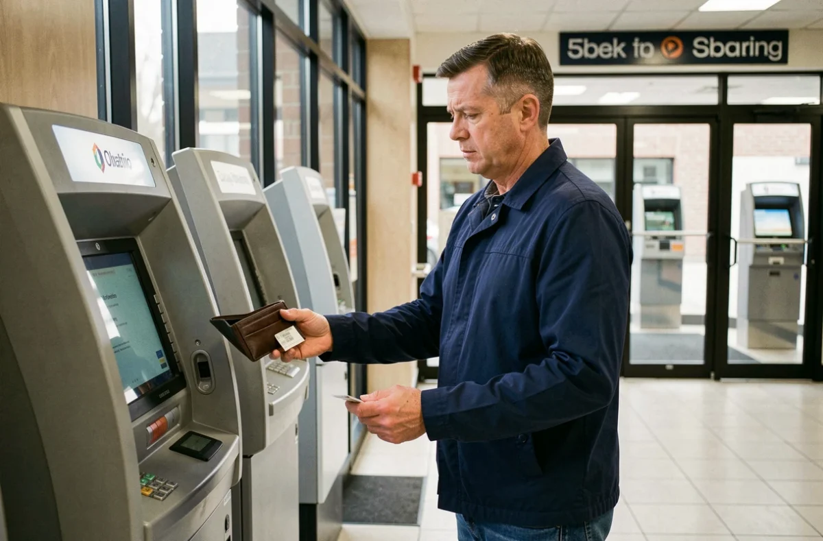Homme effectuant un retrait d'urgence dans un vestibule bancaire avec des distributeurs automatiques
