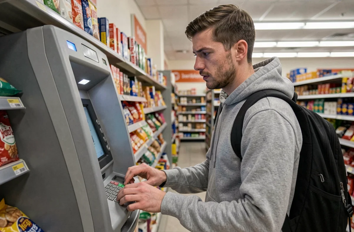 Jeune homme retirant de l'argent en urgence à un distributeur automatique dans une épicerie