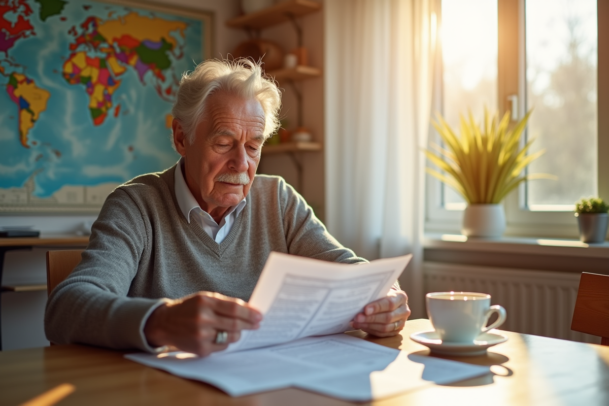 Personne agee relaxe lisant documents de retraite