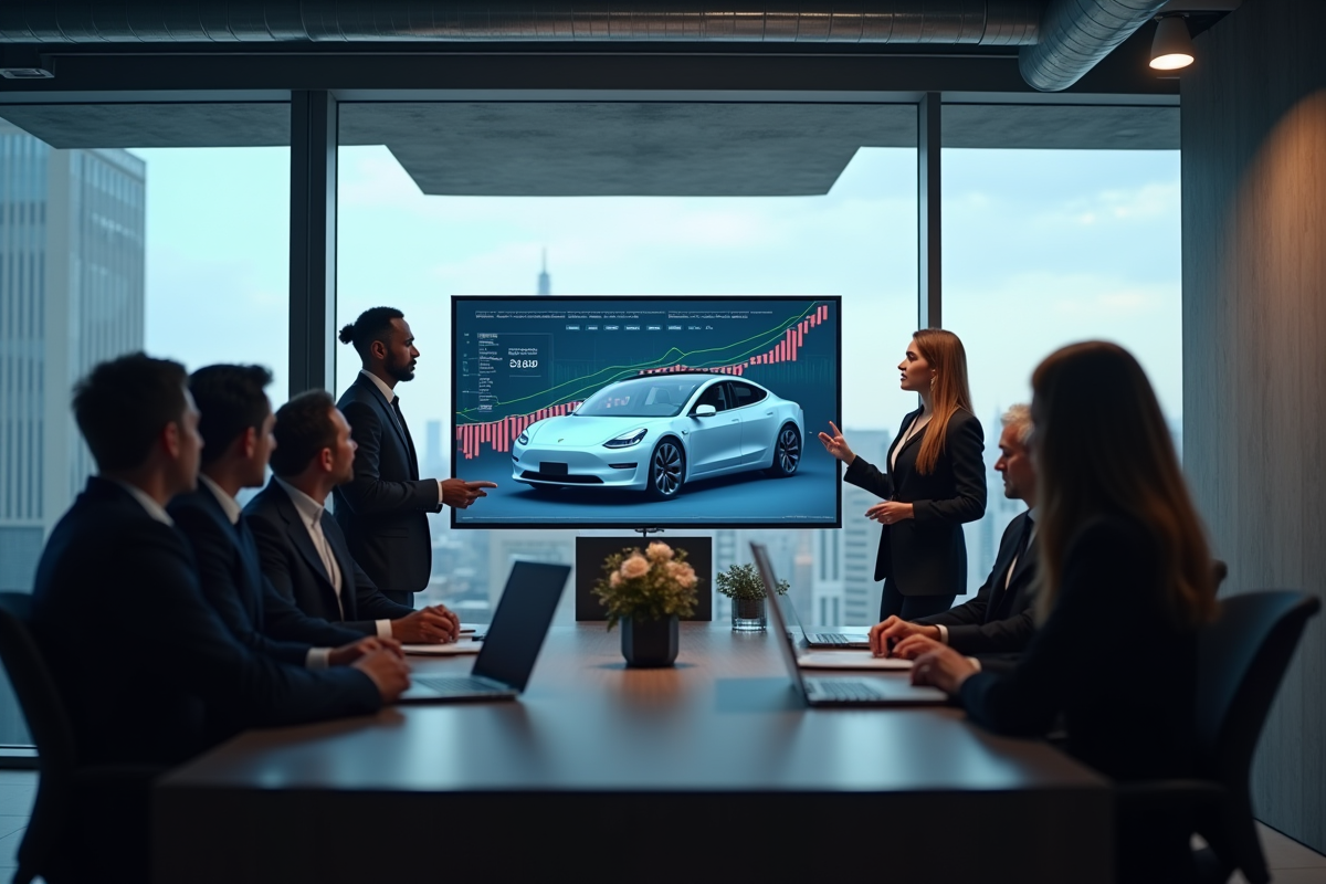 Professionnels en réunion discutant de finances avec Tesla visible