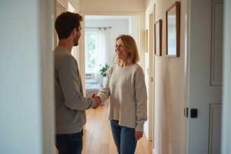Femme souriante serrant la main d'un locataire dans un hall moderne
