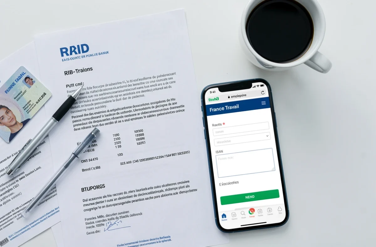 Vue aérienne d'un RIB de banque en ligne, d'une carte d'identité et d'un smartphone affichant le formulaire France Travail pour changer son IBAN