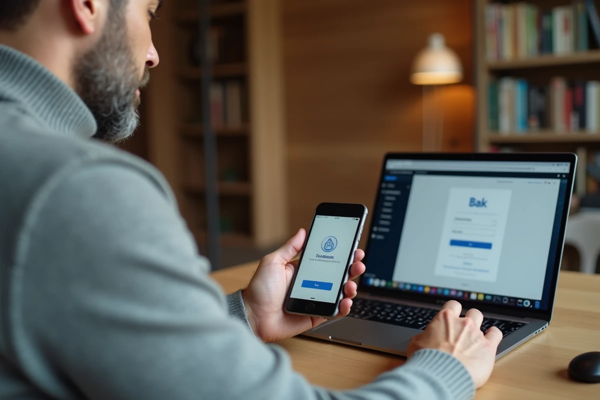 Homme à domicile sécurisant l'accès à son compte bancaire Société Générale avec une authentification à deux facteurs sur smartphone