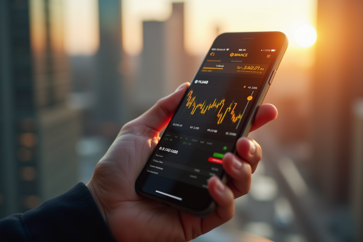 Main tenant smartphone avec application Binance et ville en reflet