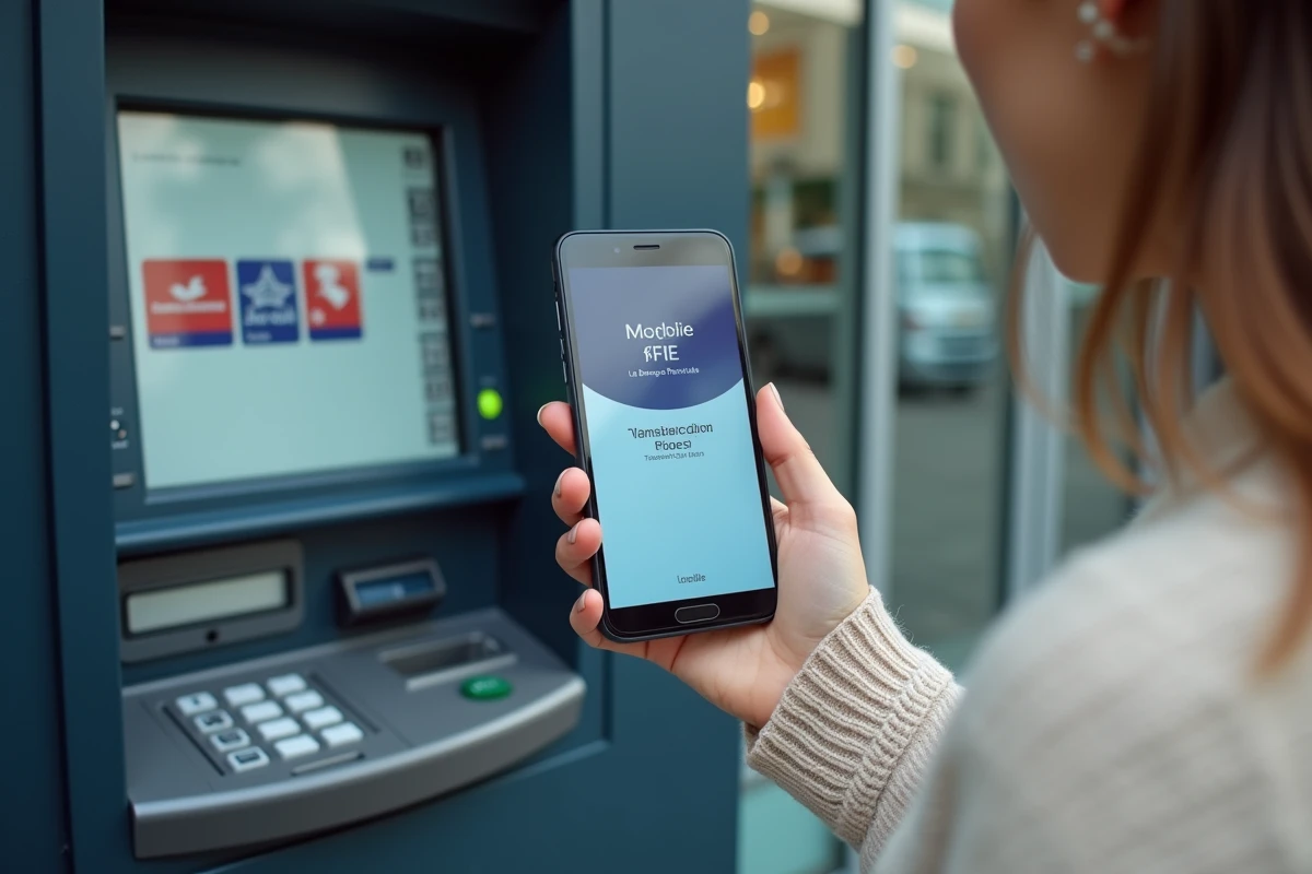 Smartphone affichant des frais bancaires près d'un distributeur Banque Postale