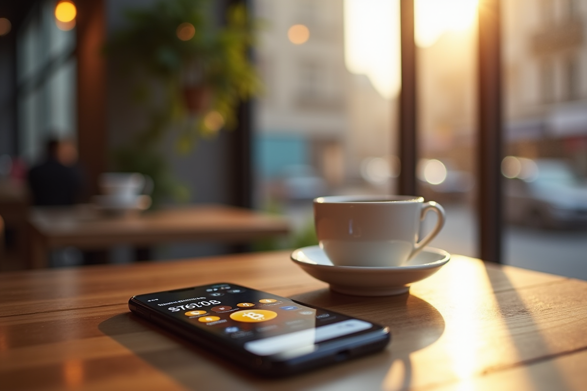 Smartphone affichant un portefeuille bitcoin sur une table de café