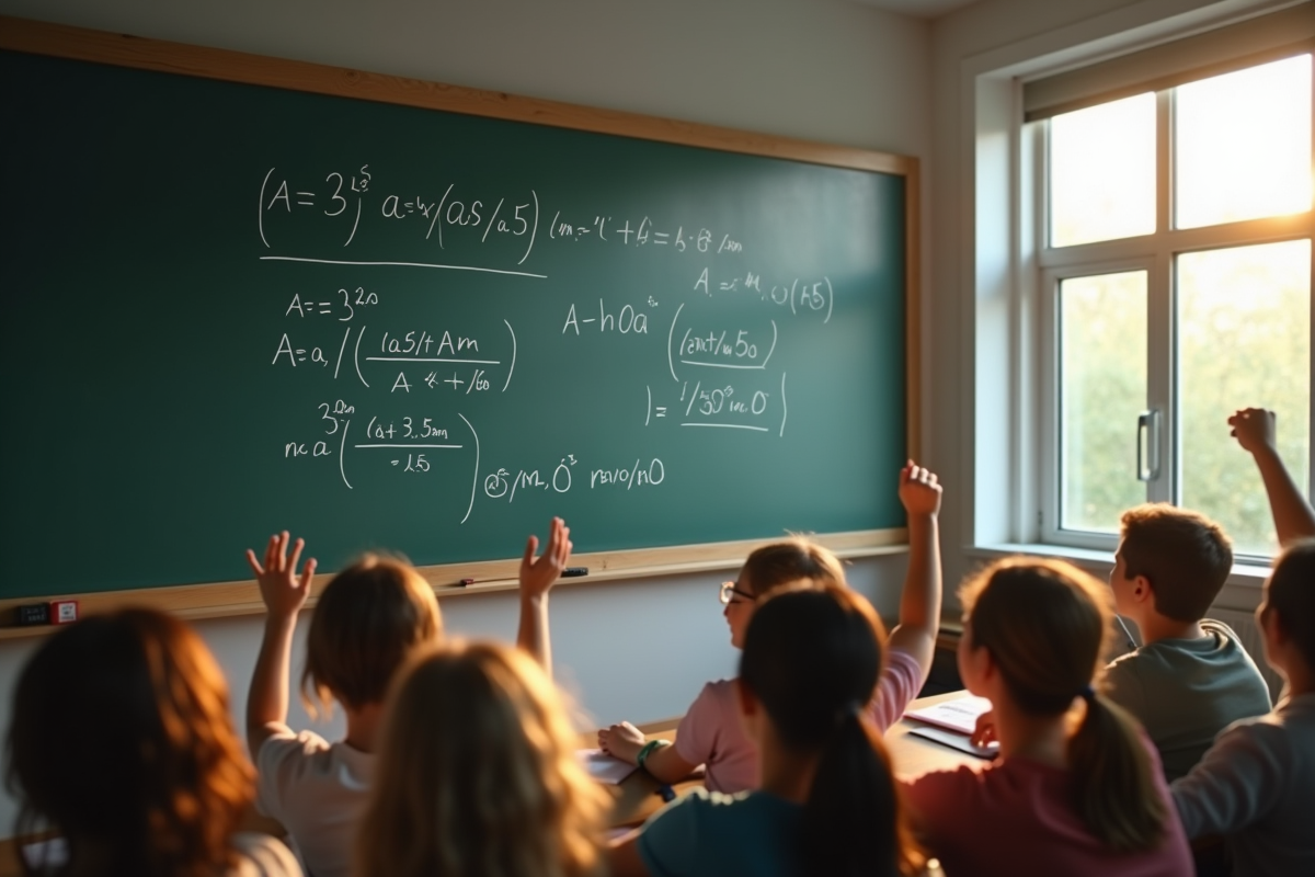 Tableau noir avec formules et étudiants en classe