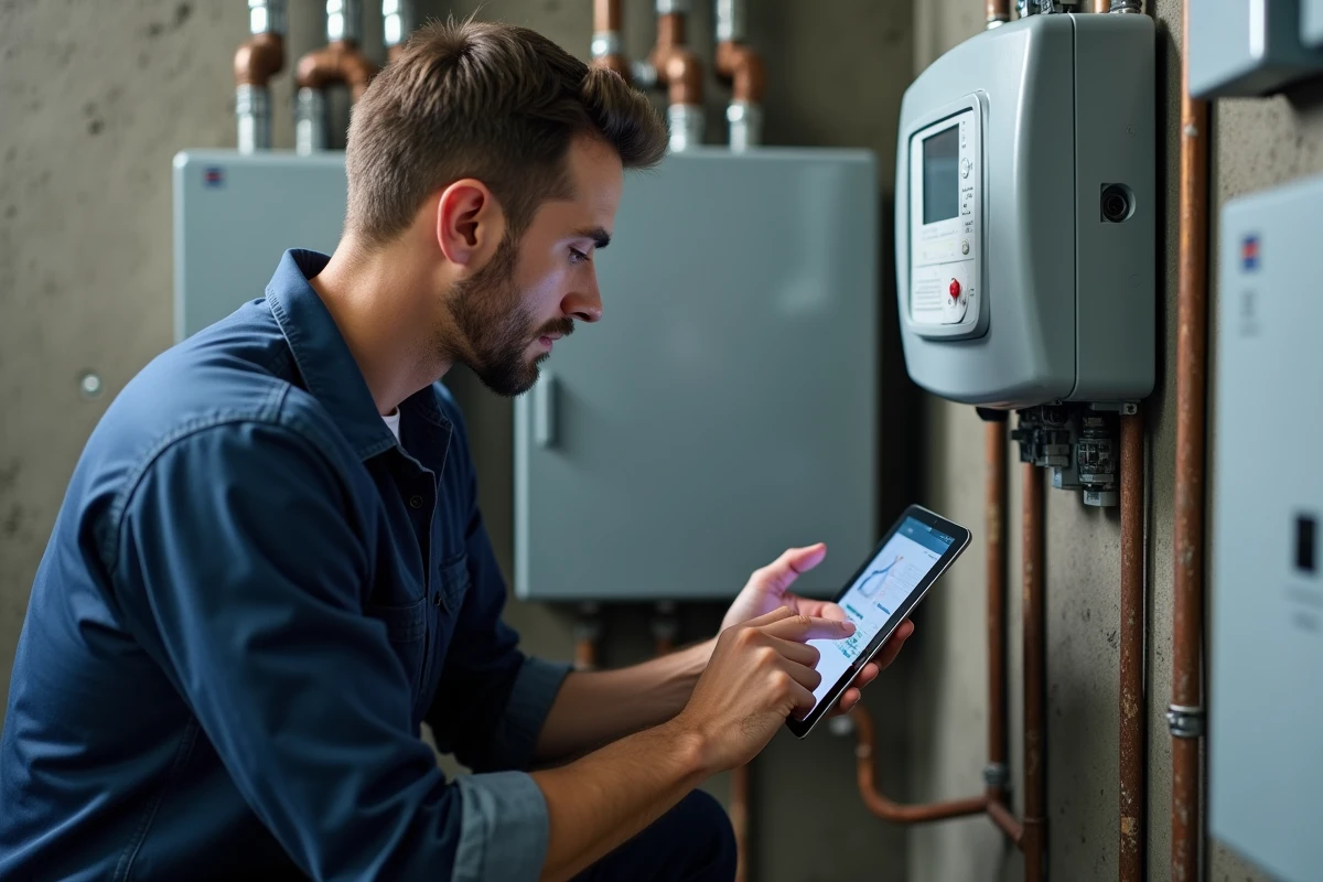 Technicien relevant les données d'un compteur électrique intelligent pour calculer le coût du kWh