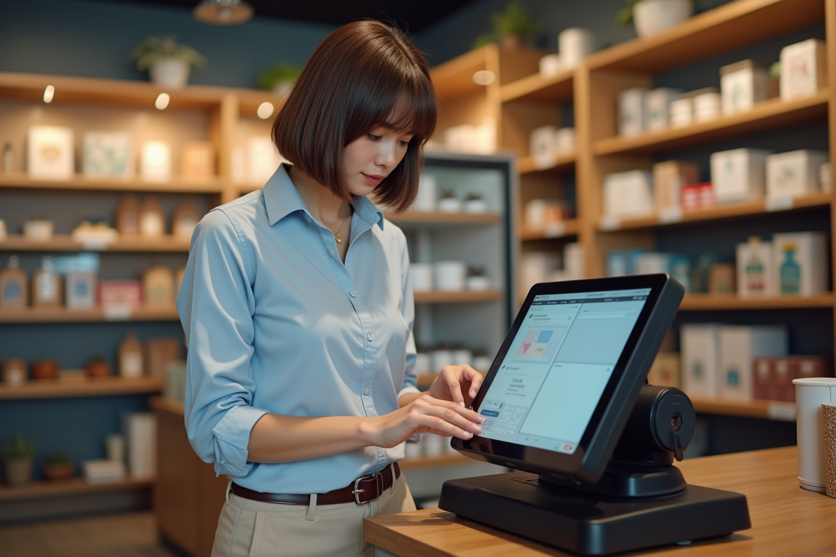 Jeune femme technicien échangeant une carte sur un terminal de paiement