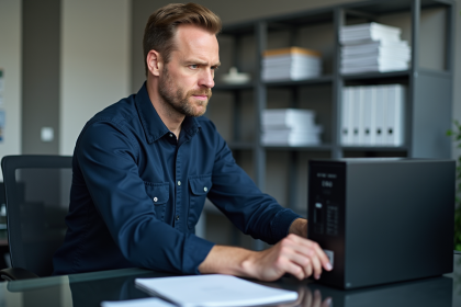 Technicien homme remplaçant une carte dans un ordinateur en bureau