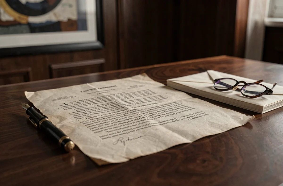 Gros plan sur un testament et des documents de succession posés sur un bureau en bois avec un stylo plume vintage