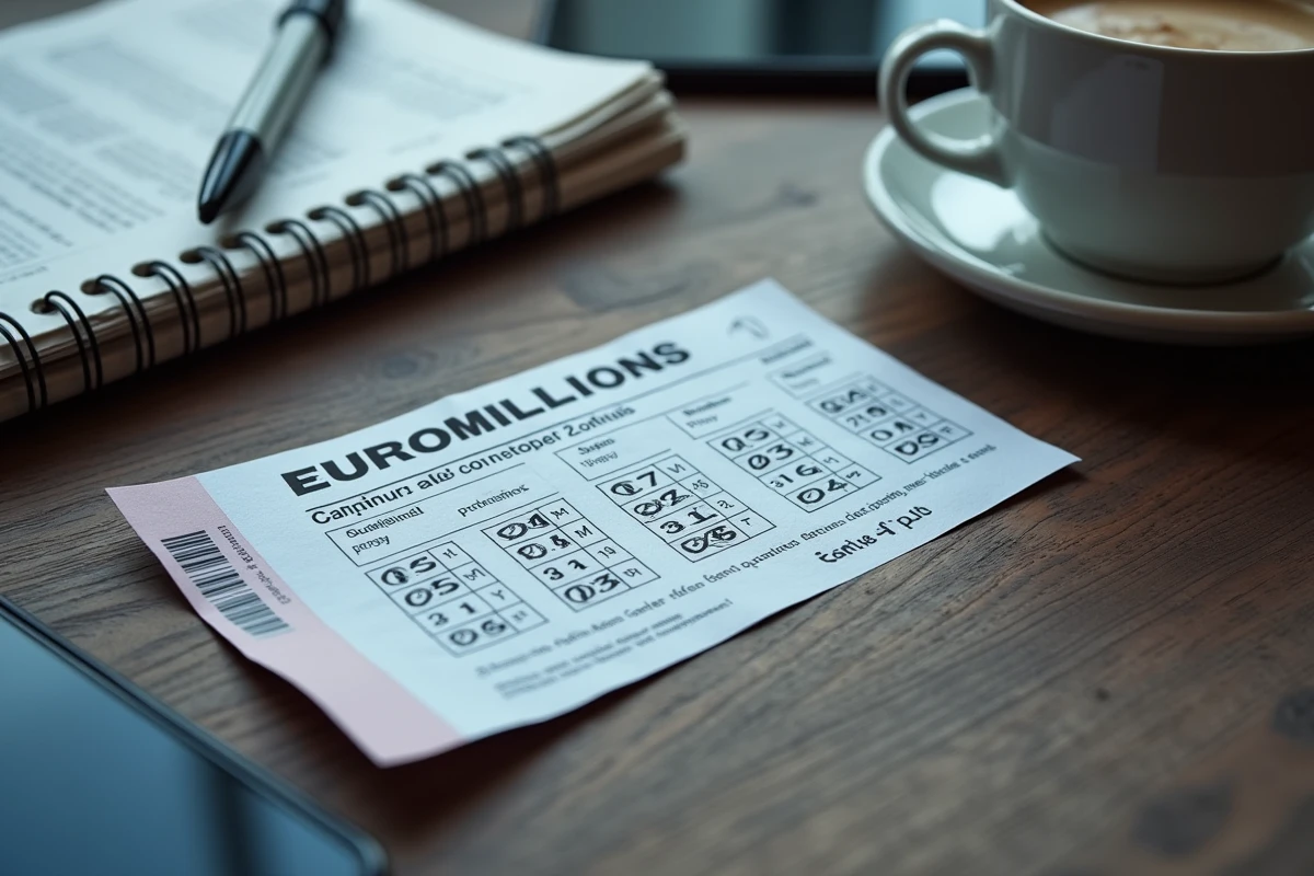 Vue du dessus d'un ticket EuroMillions Étoile Plus sur un bureau en bois avec carnet de notes et café