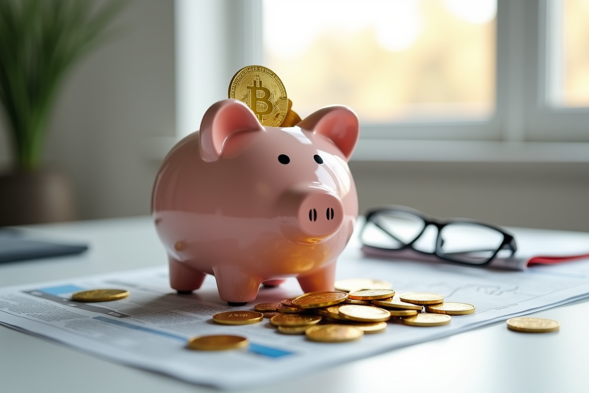 Tirelire remplie de cryptomonnaies sur un bureau lumineux