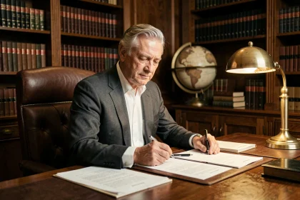 Homme d'affaires distingué examinant des documents juridiques liés à une succession et un héritage dans un bureau luxueux