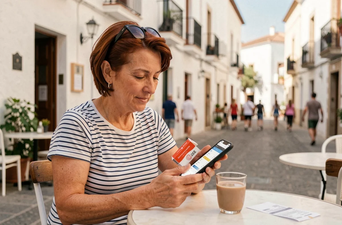 Touriste française consultant les prix des cigarettes en Espagne sur son téléphone dans un café en terrasse