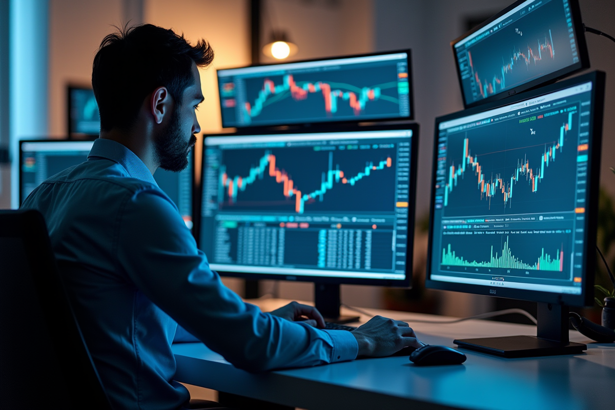 Trader professionnel travaillant avec écrans Bitget et graphiques