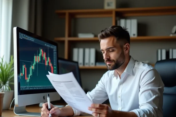 Trader analyste lisant attentivement le règlement d'une prop firm à son bureau de trading