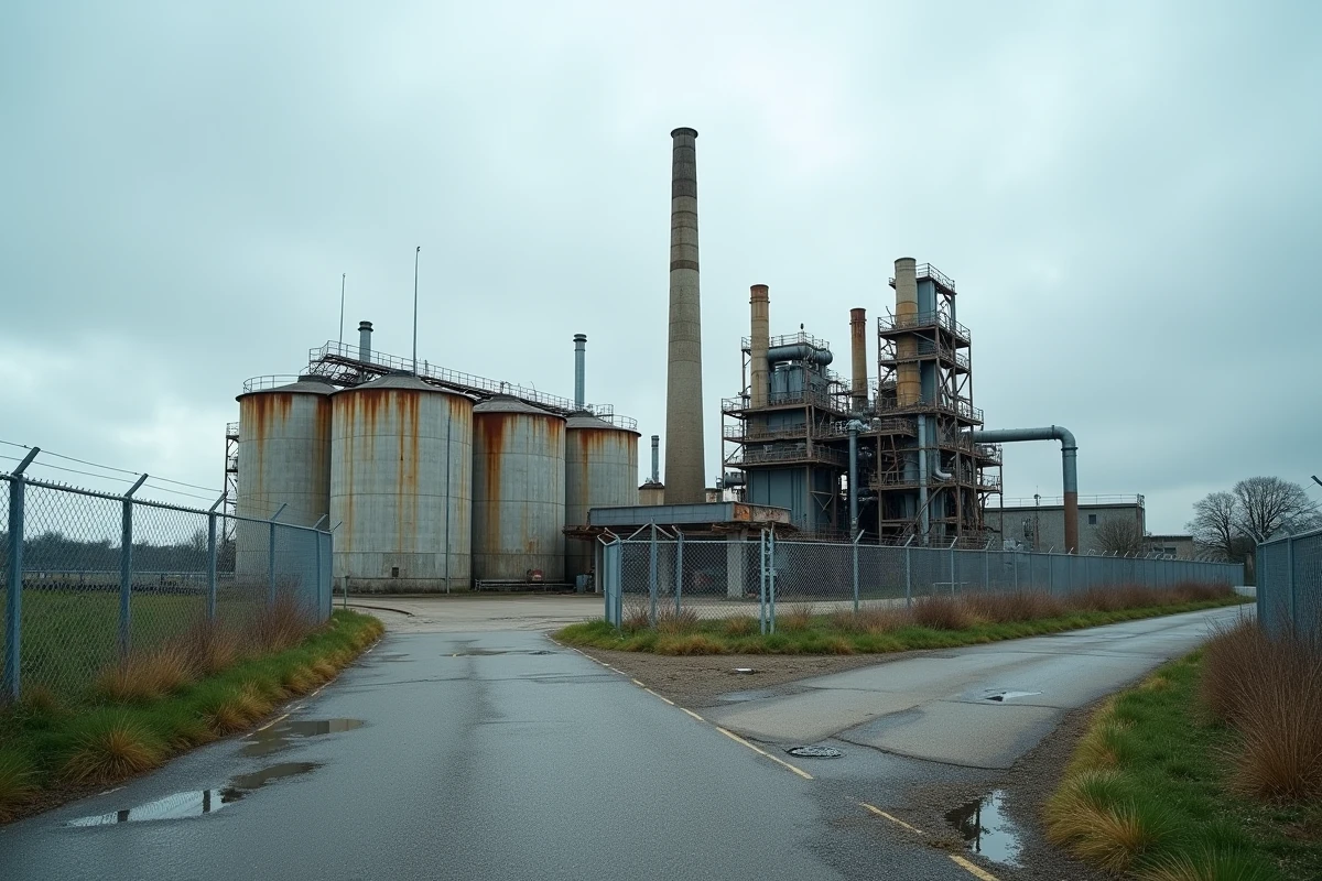 Vue extérieure grand angle d'une usine de valorisation énergétique des déchets par plasma en périphérie urbaine française, illustrant les enjeux industriels et environnementaux d'Europlasma