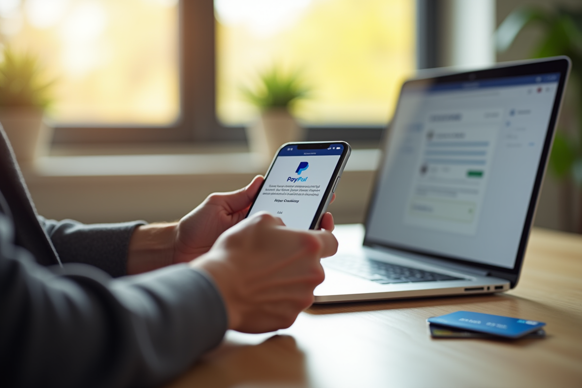 Personne regardant une notification PayPal sur smartphone dans un bureau lumineux