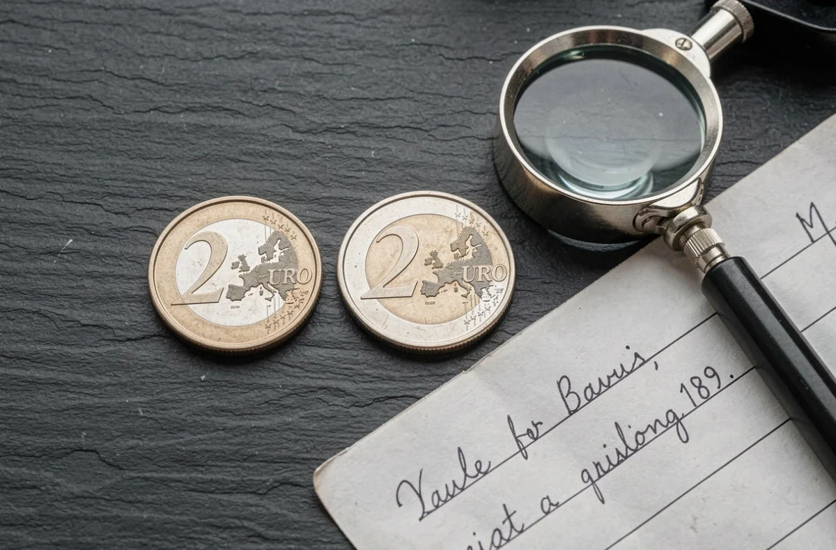 Vue aérienne de pièces de 2 euros rares sur ardoise avec loupe de bijoutier et note d'évaluation manuscrite