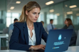 Femme professionnelle vérifiant les alertes de sécurité de son espace particulier Société Générale sur un ordinateur portable en entreprise