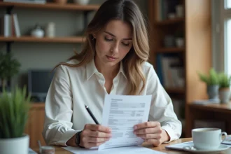 Femme vérifiant son bulletin de salaire au SMIC sur un bureau à domicile